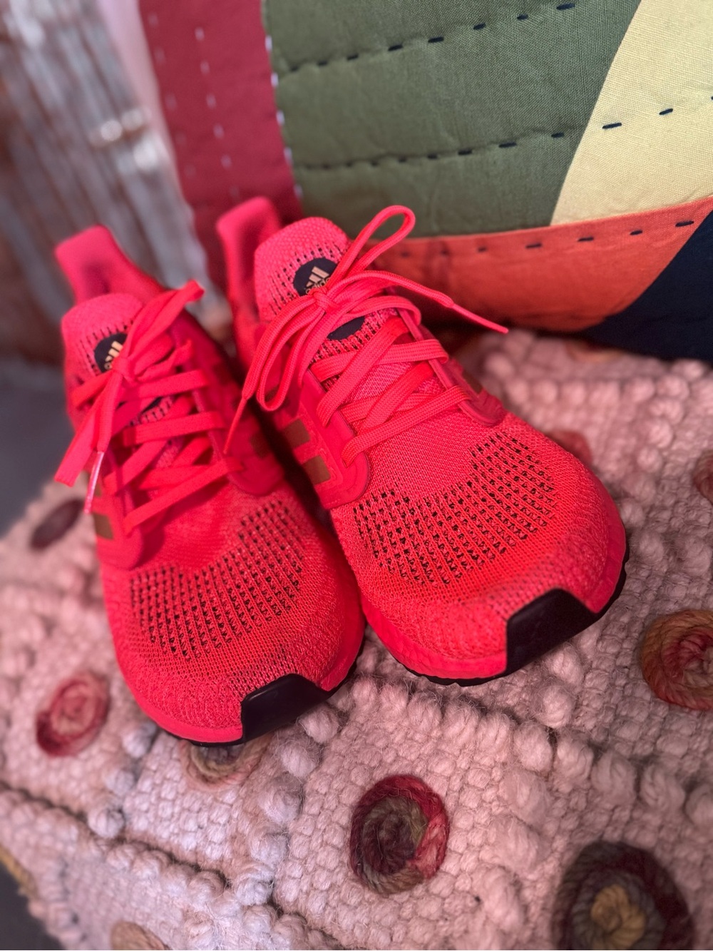 Adidas Women’s Ultra Boost Neon Red Knit Comfort Running Sneakers Gold Stripes - Picture 2 of 10